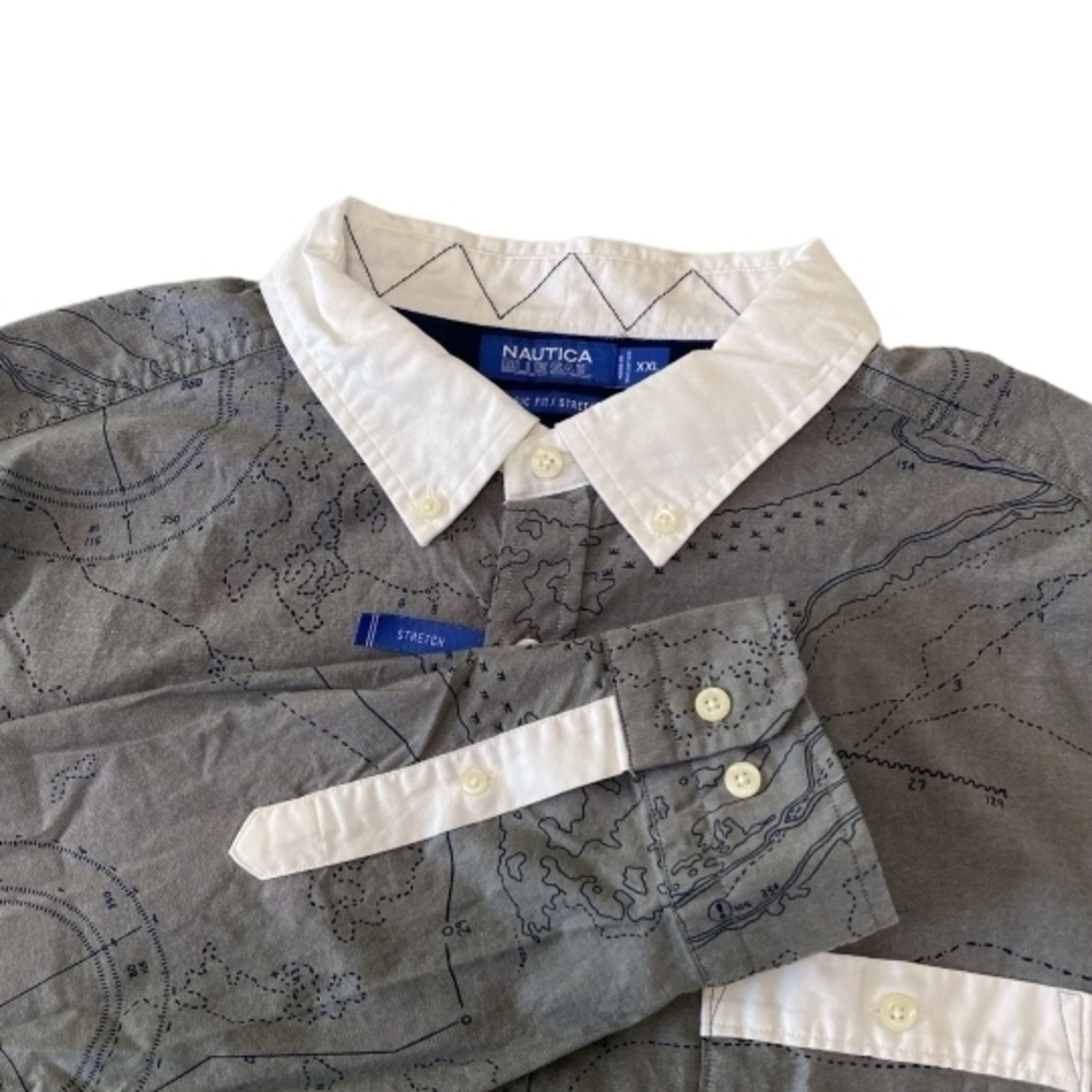 Nautica Blue Sail Gray and White Casual Button Down Shirt